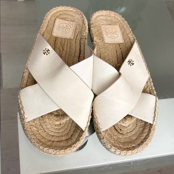 Tory Burch Bima Off White Leather Espadrille Slides Flats Women's Size US 8 - Picture 1 of 8